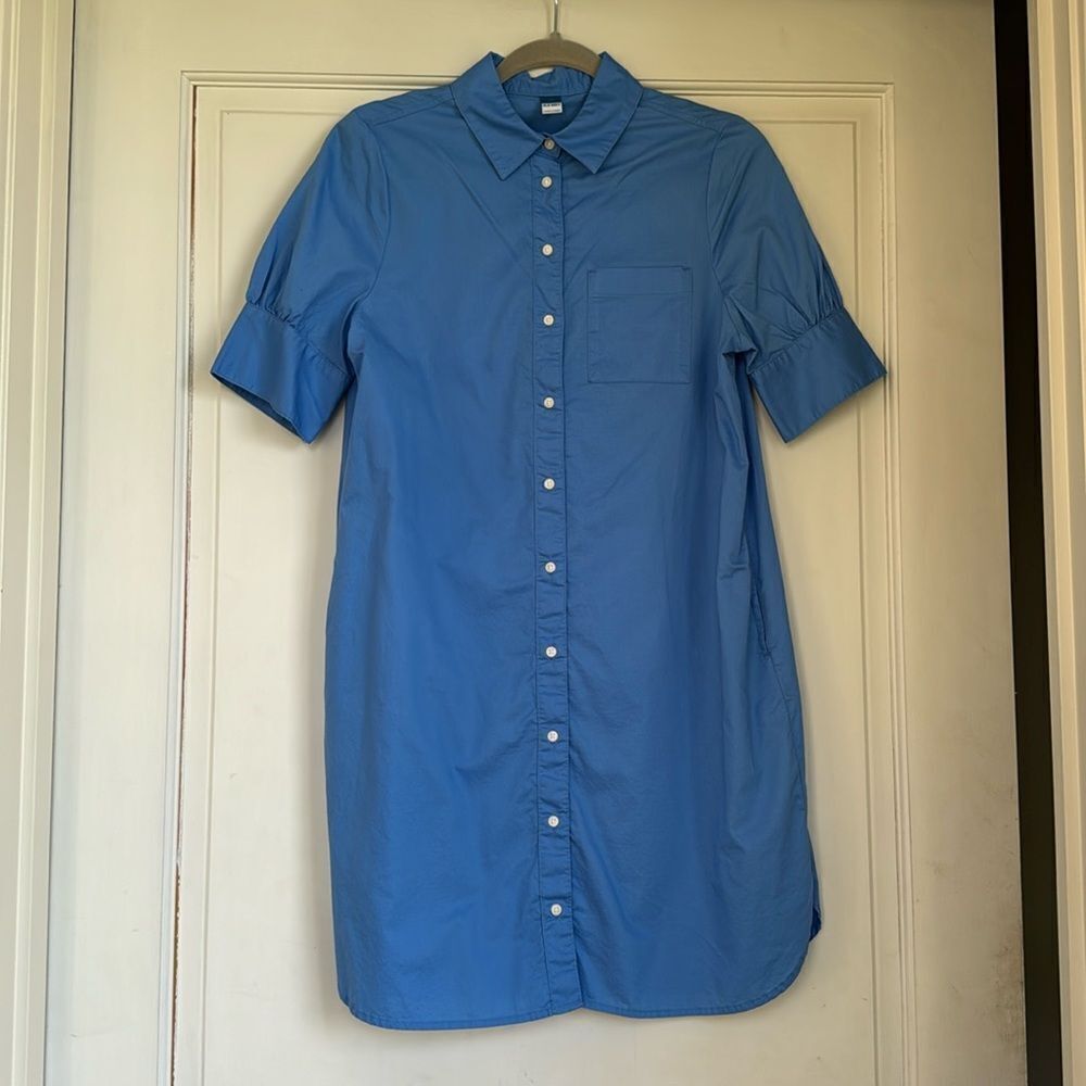 Blue Cotton Shirt Dress With Slight Puff Sleeve And Pockets By Old Navy